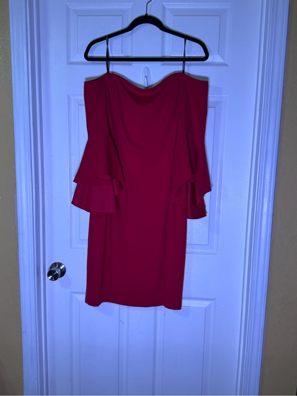 Calvin Klein Red Off-Shoulder Ruffle-Sleeve Sheath Dress - Picture 3 of 11